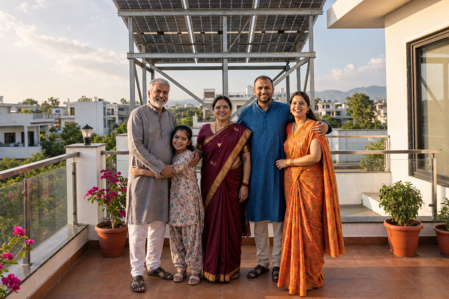 Happy family using solar power