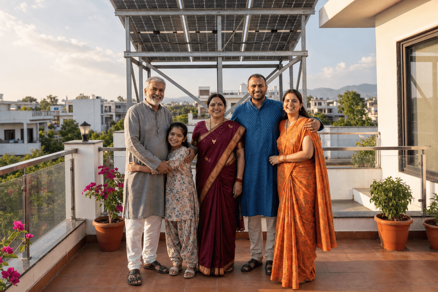 Happy family using solar power